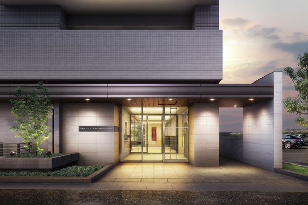 Features of the building.  [Entrance approach] Elegant room full of Entrance. Door is finished in a design reminiscent of the grid, Emphasizing the sense of depth in that the same material is used as the hole in the floor of the approach. Dignity worthy of the mansion has been important (Rendering)