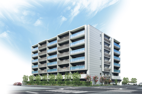 Features of the building.  [appearance] In Nishinomiya Hazetsuka that combines comfort and functionality of a city of suburbs, Mansion for a total 45 family appeared. South-facing center, This residence charm, such as secured condensed self-propelled plane parking ※ Have been drawn in watermark some peripheral building (Rendering)