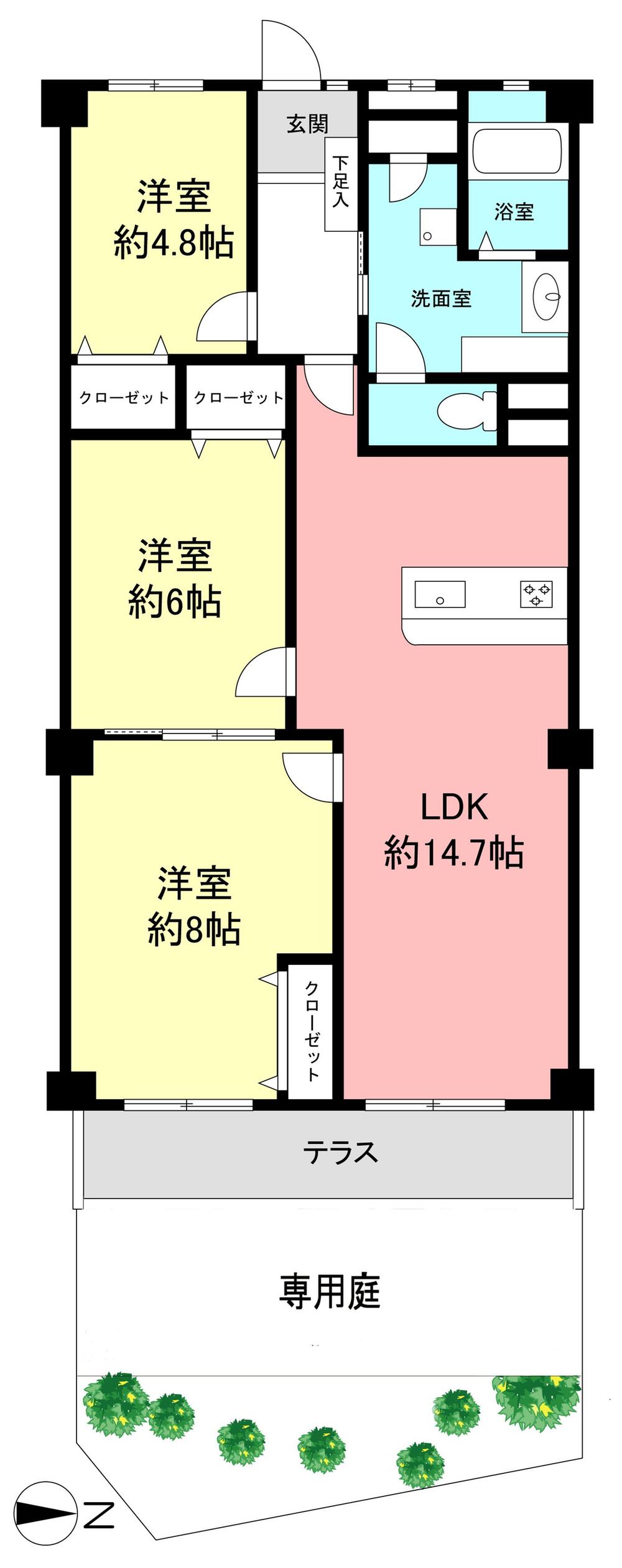 Floor plan. 3LDK, Price 17.8 million yen, Occupied area 76.88 sq m footprint: 76.88 sq m , 3LDK, Private garden, With trunk room
