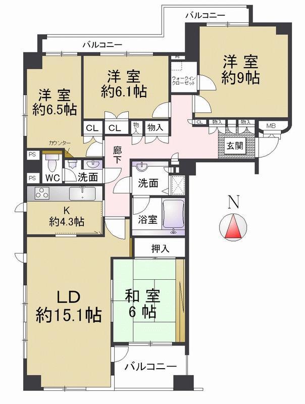Floor plan. Mansion Number of rooms with plenty of 4LDK North-South double-sided balcony is attractive Is it quiet apartment life in the popularity of pleasure and pain Garden how?