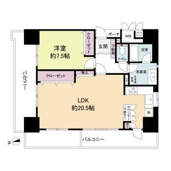 Floor plan. 1LDK, Price 26,800,000 yen, Occupied area 65.97 sq m , Balcony area 26.6 sq m bright dwelling unit facing in each room and balcony