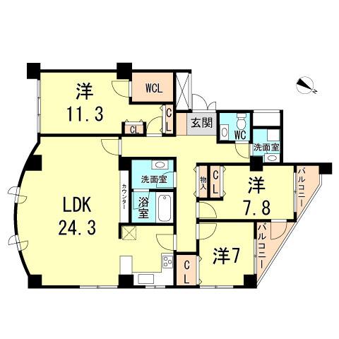 Floor plan. 3LDK, Price 45 million yen, Footprint 148.16 sq m , Balcony area 6.95 sq m
