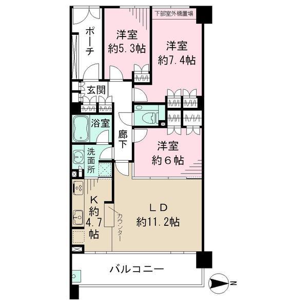 Floor plan. 3LDK, Price 33,500,000 yen, Occupied area 77.47 sq m , Balcony area 13.6 sq m