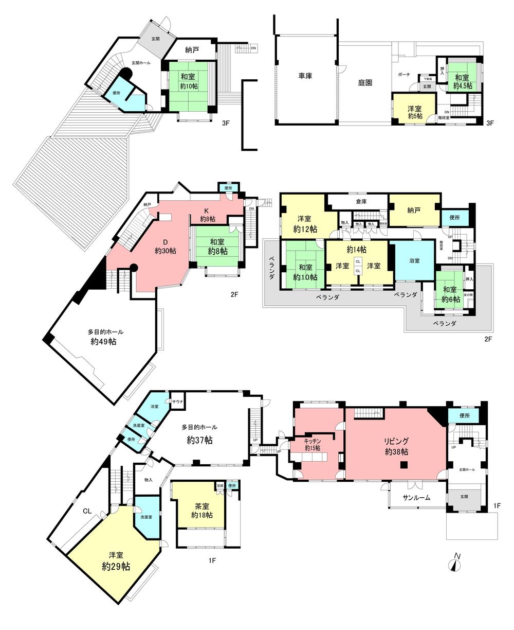 Floor plan. 98 million yen, 6LDK + 2S (storeroom), Land area 1,005 sq m , Building area 351.46 sq m   ※ East side building, 1973 May building in the building, It takes a considerable repair. West building, Unregistered reinforced concrete three-story (total floor area: about 456.30 sq m) there.