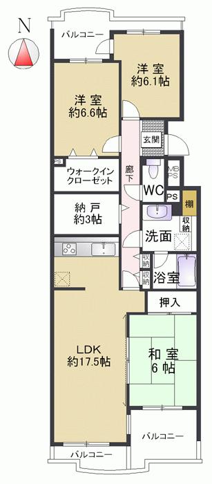 Floor plan. 3LDK + S (storeroom), Price 21 million yen, Footprint 92.7 sq m , Balcony area 18.3 sq m indoor part renovated