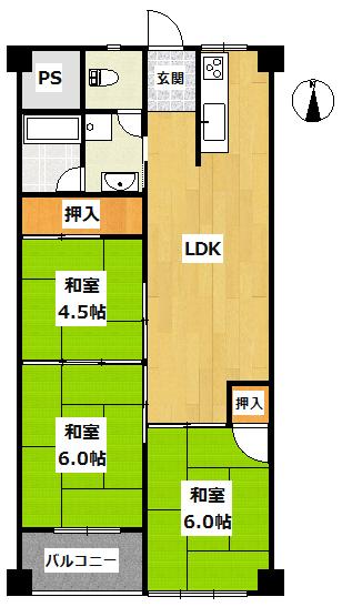 Floor plan. 3LDK, Price 9.9 million yen, Footprint 59.5 sq m , Balcony area 3.5 sq m