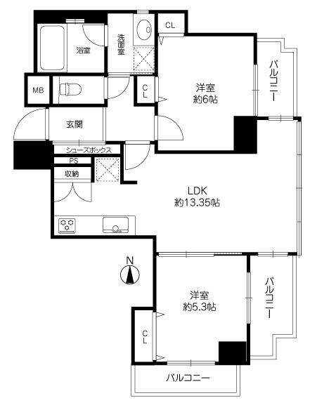 Floor plan. 2LDK, Price 21,800,000 yen, Occupied area 53.82 sq m , Balcony area 8.42 sq m
