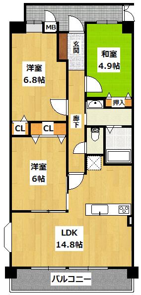 Floor plan. 3LDK, Price 22,800,000 yen, Occupied area 71.38 sq m , Balcony area 9.07 sq m