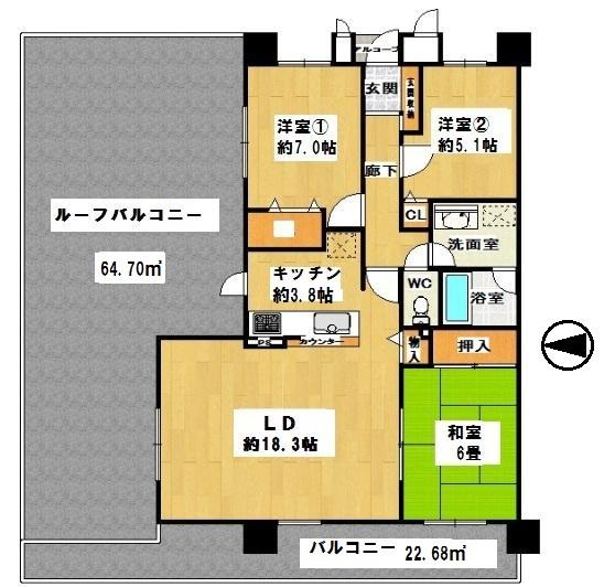 Floor plan. 3LDK, Price 27,800,000 yen, Occupied area 85.05 sq m , Balcony area 22.68 sq m