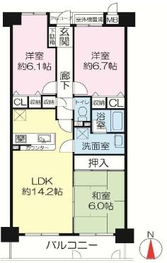 Floor plan. 3LDK, Price 26,800,000 yen, Occupied area 73.67 sq m , Balcony area 9 sq m