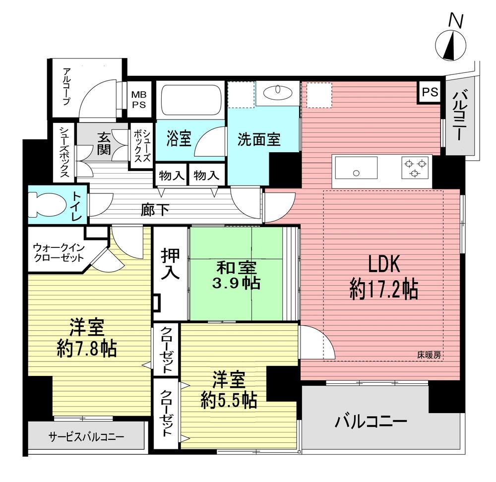 Floor plan. 3LDK, Price 52,800,000 yen, Occupied area 81.38 sq m , Balcony area 6.63 sq m