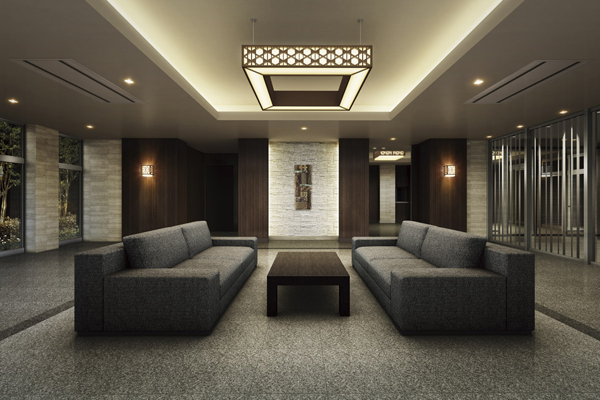 Features of the building.  [Lounge] Deliver a soft light indirect lighting and original pendant lighting, Objects Ya which arranged in the center of the niche, Materials, including granite and tile, Is a space with improved aesthetics and elegance with such warmth of wood material (Rendering)