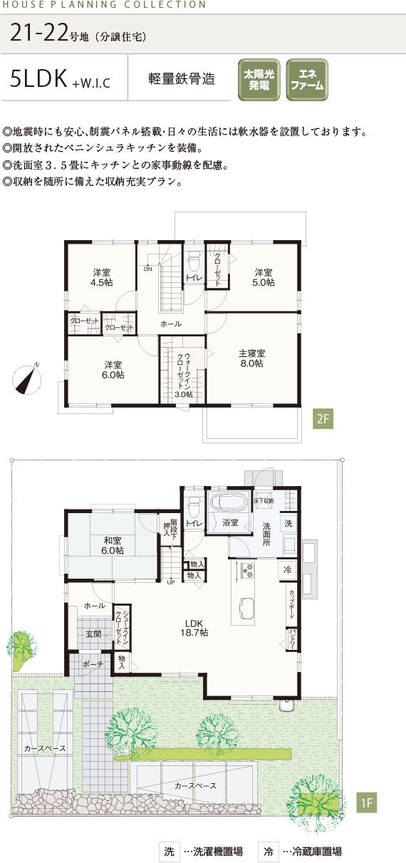 Floor plan.  [21-22 No. land] So we have drawn on the basis of the Plan view] drawings, Plan and the outer structure ・ Planting, such as might actually differ slightly from. (WIC: walk-in closet)