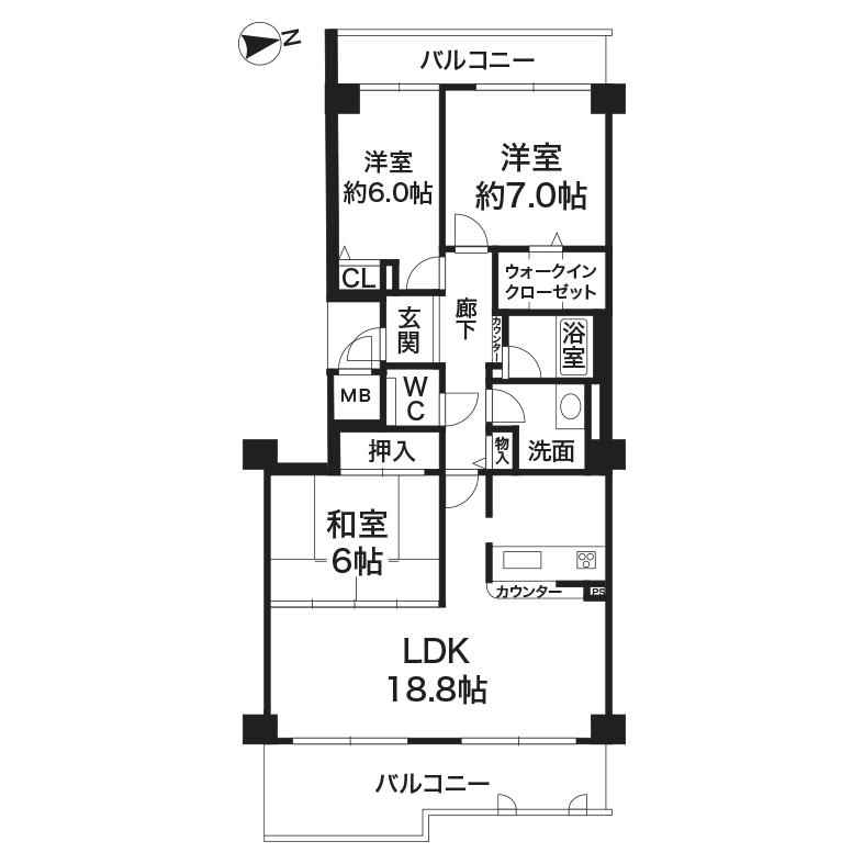 Floor plan. 3LDK, Price 13.3 million yen, Occupied area 85.99 sq m , Balcony area 18.7 sq m east-west two-sided balcony