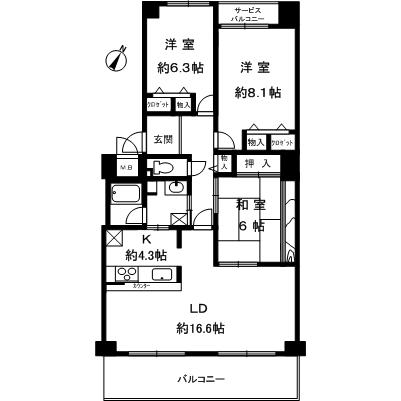 Floor plan. 3LDK, Price 12.8 million yen, Footprint 88.8 sq m , Balcony area 13.23 sq m