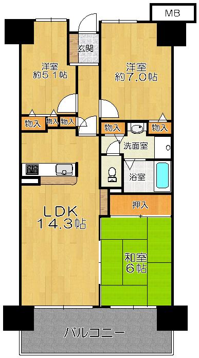 Floor plan. 3LDK, Price 9.3 million yen, Footprint 70.4 sq m , Balcony area 11.84 sq m