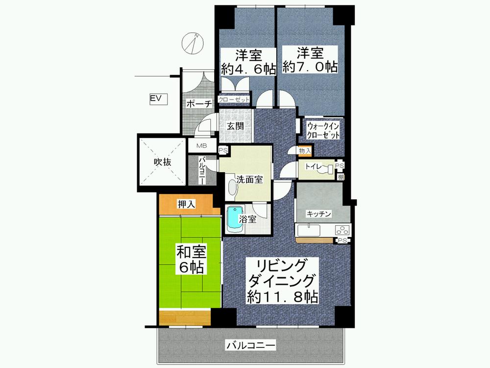 Floor plan. 3LDK, Price 11.5 million yen, Footprint 78.4 sq m , Balcony area 11.52 sq m