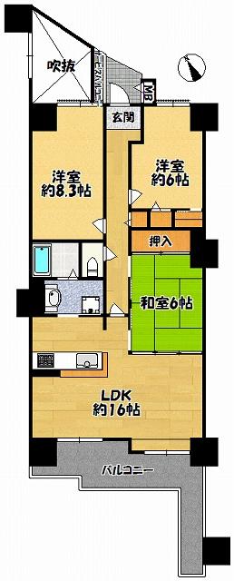 Floor plan. 3LDK, Price 8.8 million yen, Occupied area 79.36 sq m , Balcony area 16.71 sq m