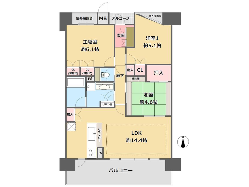 Floor plan. 3LDK, Price 23,900,000 yen, Occupied area 66.47 sq m , Balcony area is 14.8 sq m south-facing balcony of the bright rooms!