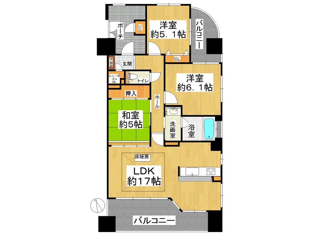 Floor plan. 3LDK, Price 22,800,000 yen, Occupied area 74.58 sq m , Balcony area 17.88 sq m