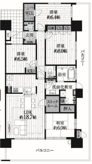 Floor plan. 4LDK + S (storeroom), Price 28,900,000 yen, Footprint 106.47 sq m , Balcony area 45.62 sq m each room 6 quires more! ! LDK is a spacious floor plan with a space of about 18.7 quires ☆ In southeast angle door, Daylighting ・ Ventilation is good There until the stock room, Storage location is floor plans that are also fully able to ensure ☆