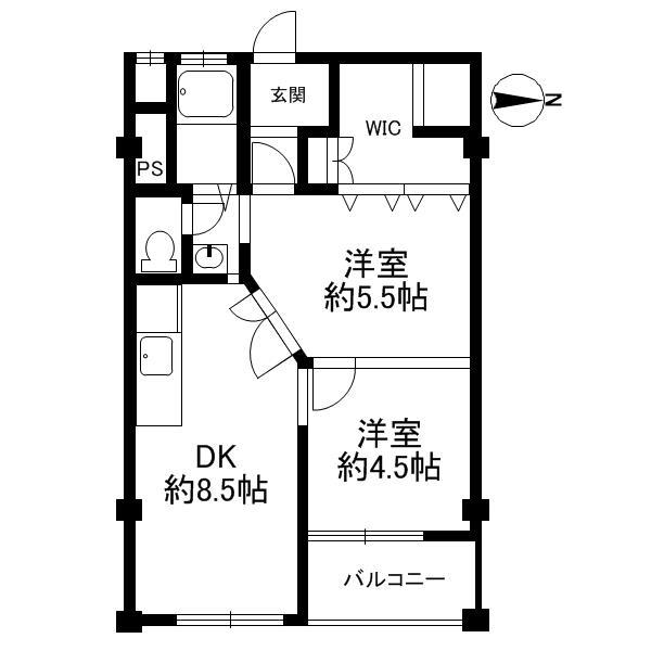 Floor plan. 2DK, Price 6.8 million yen, Occupied area 45.36 sq m , Balcony area 3.27 sq m