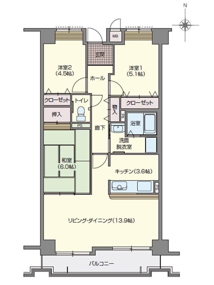 Floor plan. 3LDK, Price 22,550,000 yen, Occupied area 75.44 sq m , Balcony area 8.65 sq m