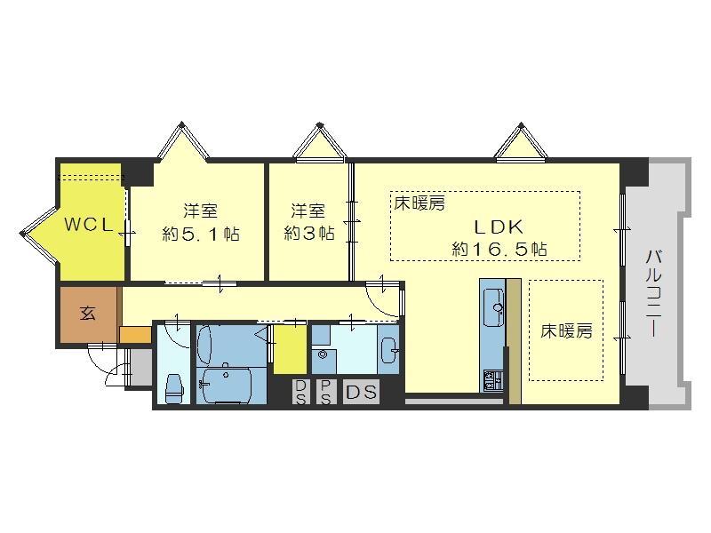 Floor plan. 2LDK, Price 11.8 million yen, Occupied area 63.47 sq m , Jewels gas floor heating two surfaces on the balcony area 8.63 sq m LDK