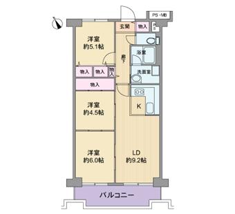 Floor plan. 3DK, Price 6.9 million yen, Footprint 61.6 sq m , Balcony area 7.57 sq m occupied area 61.60 square meters 3 floor 3LDK