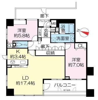 Floor plan. 2LDK, Price 23.8 million yen, Occupied area 75.91 sq m , Balcony area 10.64 sq m