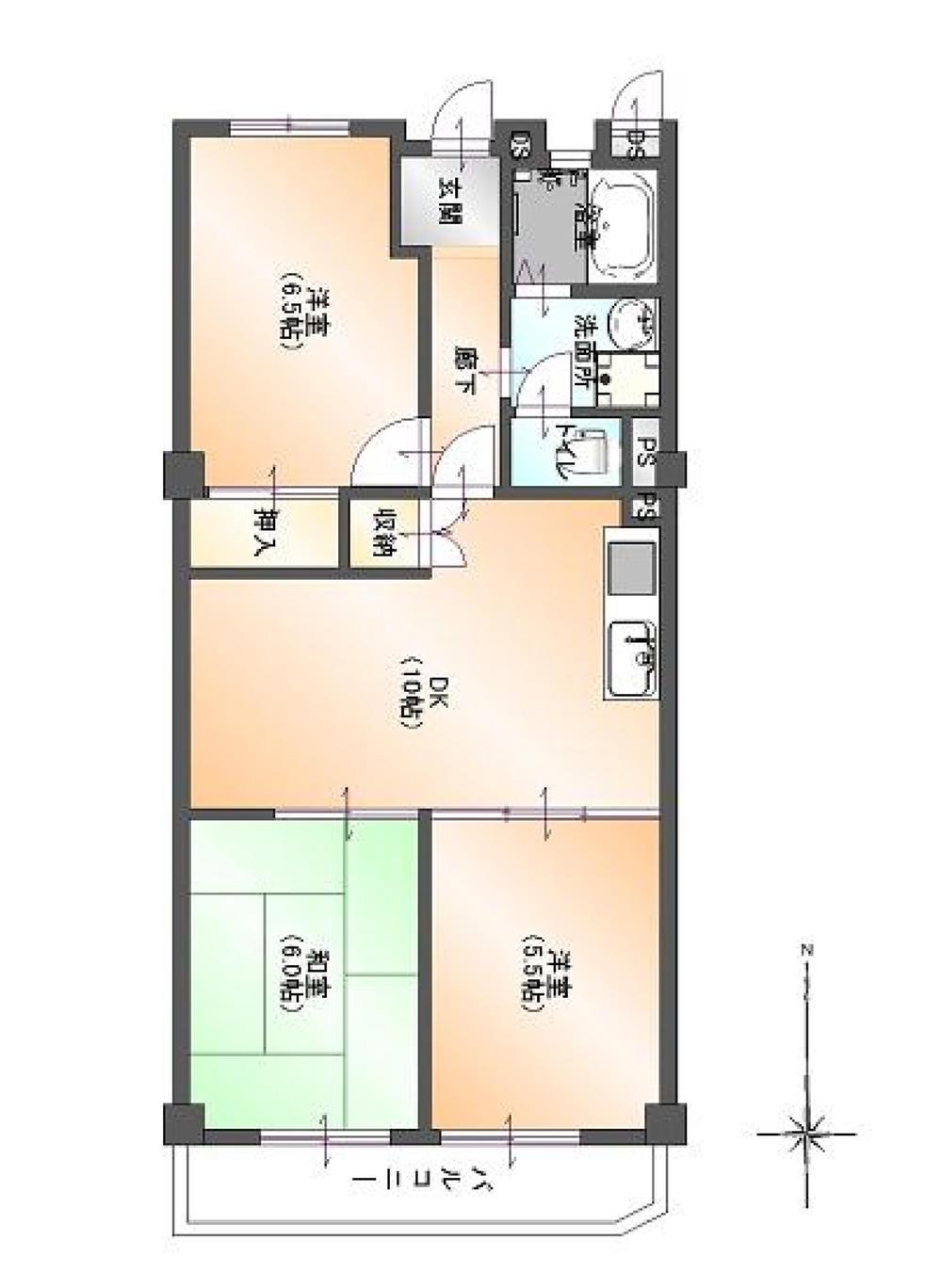 Floor plan. 3DK, Price 8.9 million yen, Footprint 61.6 sq m , Balcony area 5.3 sq m