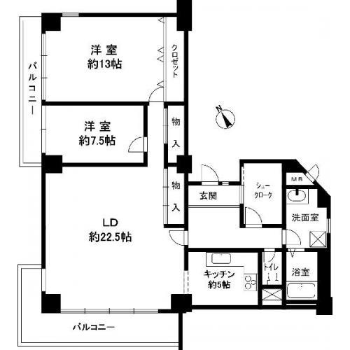 Floor plan. 2LDK, Price 15.7 million yen, The area occupied 116.3 sq m , Balcony area 18.7 sq m