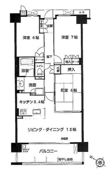 Floor plan. 3LDK, Price 16.8 million yen, Occupied area 76.69 sq m , Balcony area 11.97 sq m