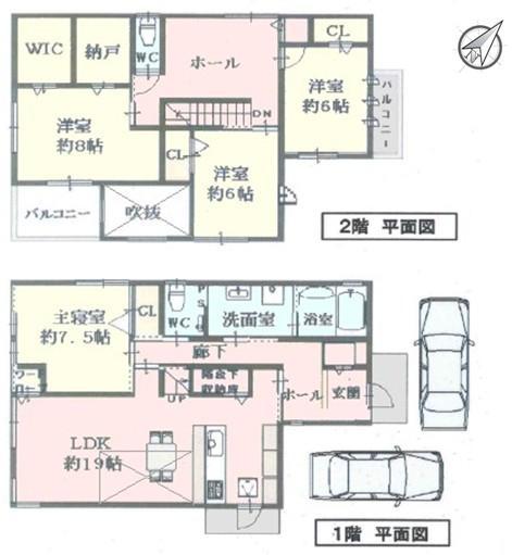 Floor plan. 44,800,000 yen, 4LDK + S (storeroom), Land area 151.96 sq m , Building area 136.2 sq m large atrium is in the living room, Second floor of the hall is the size that can be used in multi-purpose.