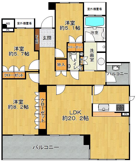 Floor plan. 3LDK, Price 31,800,000 yen, Occupied area 92.16 sq m , Balcony area 16.69 sq m