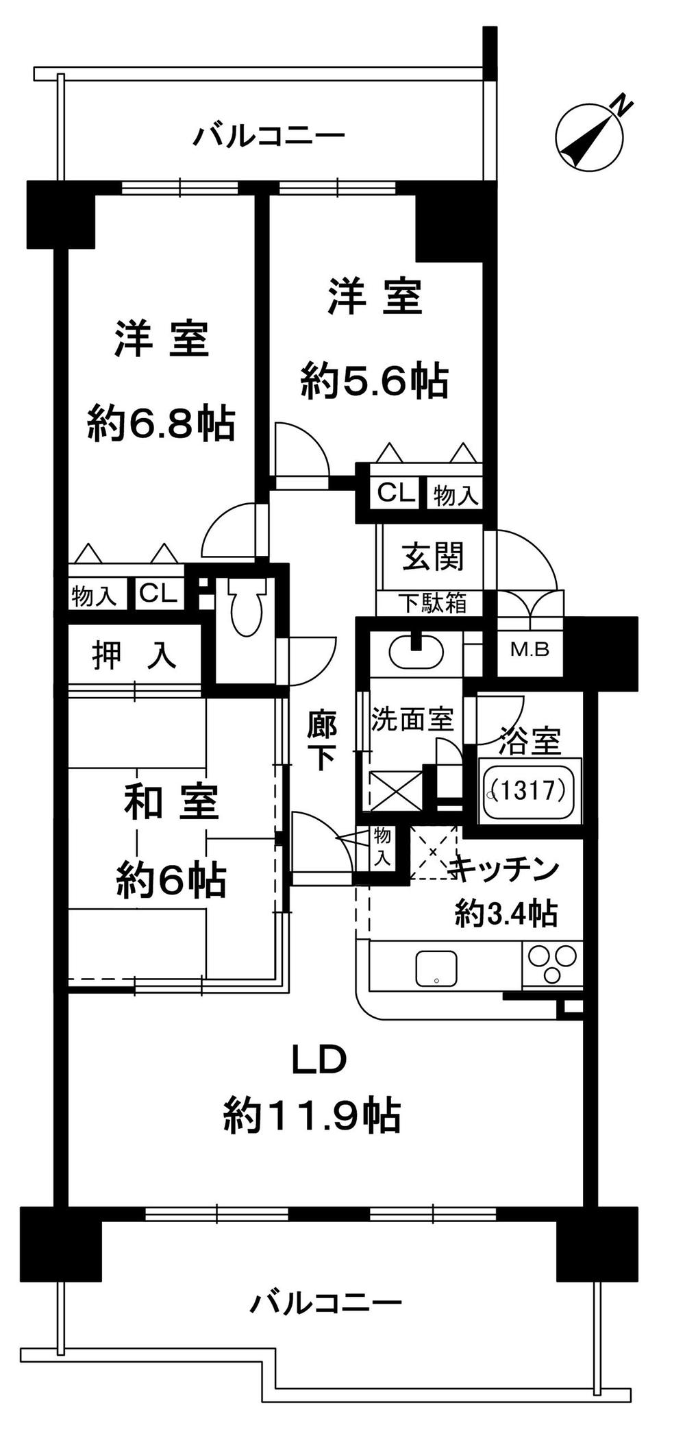 Floor plan. 3LDK, Price 22,900,000 yen, Occupied area 72.99 sq m , Balcony area 20.44 sq m