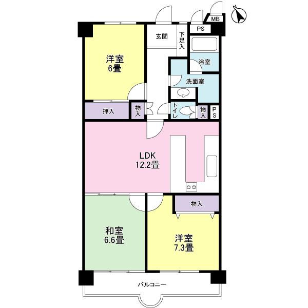 Floor plan. 3LDK, Price 13.5 million yen, Occupied area 73.67 sq m , Balcony area 10.33 sq m