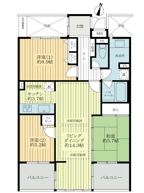 Floor plan. 3LDK, Price 29,800,000 yen, Occupied area 80.82 sq m , Balcony area 10.2 sq m