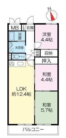 Floor plan. 3LDK, Price 13.8 million yen, Occupied area 65.44 sq m , Balcony area 6.9 sq m