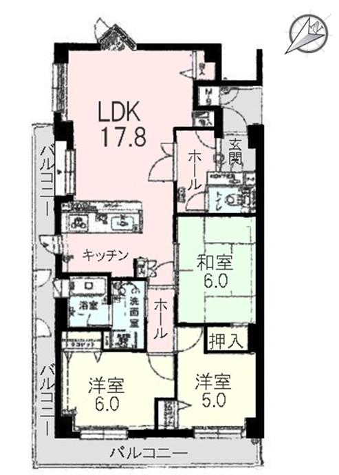 Floor plan. 3LDK, Price 25,800,000 yen, Occupied area 77.27 sq m , Balcony area 18.84 sq m
