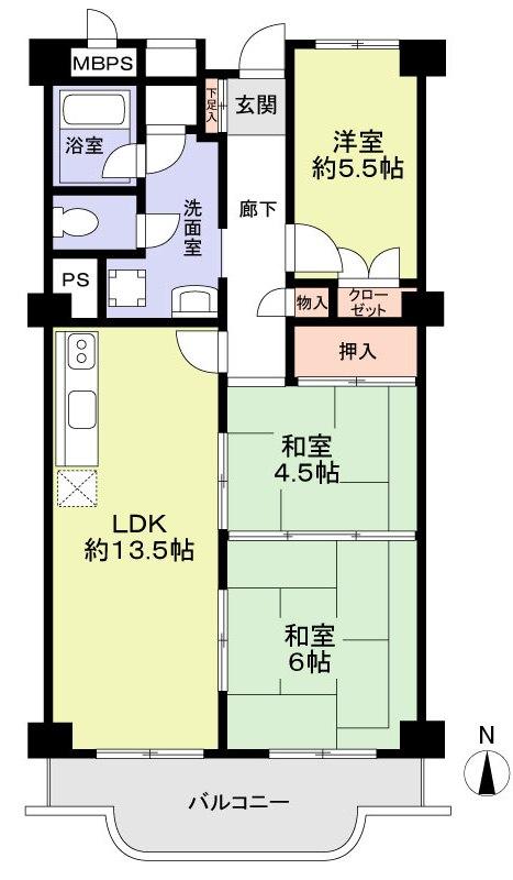 Floor plan. 3LDK, Price 7.4 million yen, Footprint 76.8 sq m , Balcony area 9.64 sq m