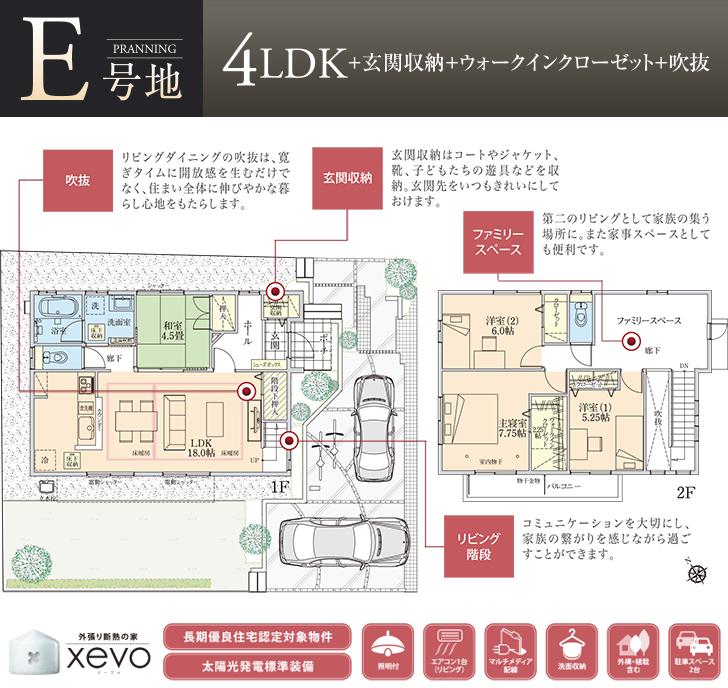 Floor plan.  [E No. land] [E No. land plan view]  ※ Plan and Exterior therefore are drawn with reference to the accompanying drawings ・ For planting, In fact and it may be slightly different.  Also, car ・ Furniture, etc. are not included in the price. 