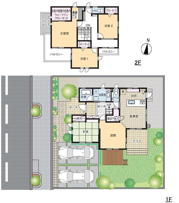 Floor plan.  [No. 1 destination] So we have drawn on the basis of the Plan view] drawings, Plan and the outer structure ・ Planting, etc., It may actually differ slightly from. Also, The car is not included in the price. 