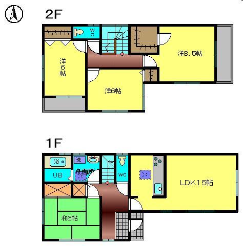 Floor plan. 22.5 million yen, 4LDK, Land area 98.85 sq m , Building area 103.5 sq m 1F LDK15 Pledge ・ Japanese-style room 6 quires 2F Western-style 8 ・ 5 Pledge ・ Western-style 6 Pledge ・ Western-style 6 Pledge All rooms Storage room of 4LDK. 
