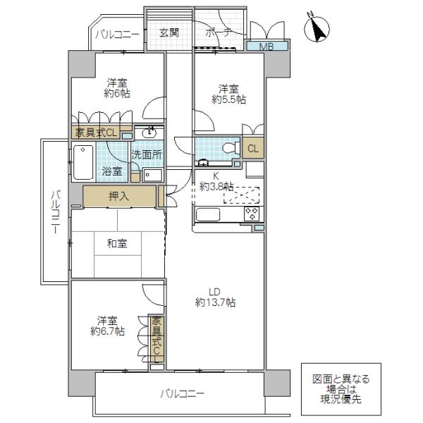 Floor plan. 4LDK, Price 22,300,000 yen, Occupied area 90.89 sq m , It is conveniently located about 200m to a balcony area 20.23 sq m Chinami Small. Three sides is a balcony corner room