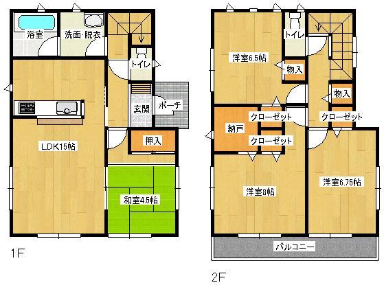 Floor plan. 20.8 million yen, 4LDK, Land area 165.3 sq m , Building area 98.81 sq m (1) (2) Building