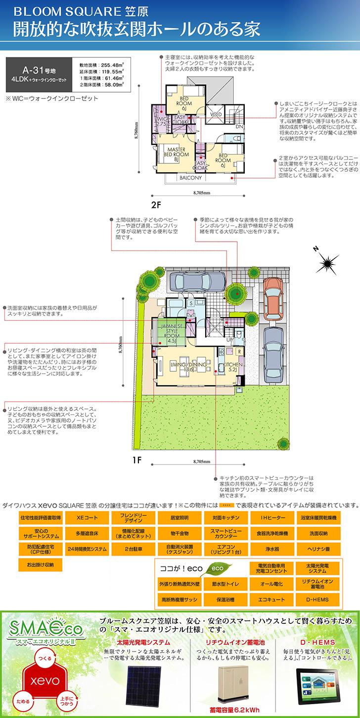 Floor plan.  [A-31 No. land] So we have drawn on the basis of the Plan view] drawings, Plan and the outer structure ・ Planting, etc., It may actually differ slightly from.  Also, car ・ Consumer electronics ・ furniture ・ It is such as equipment not included in the price. 
