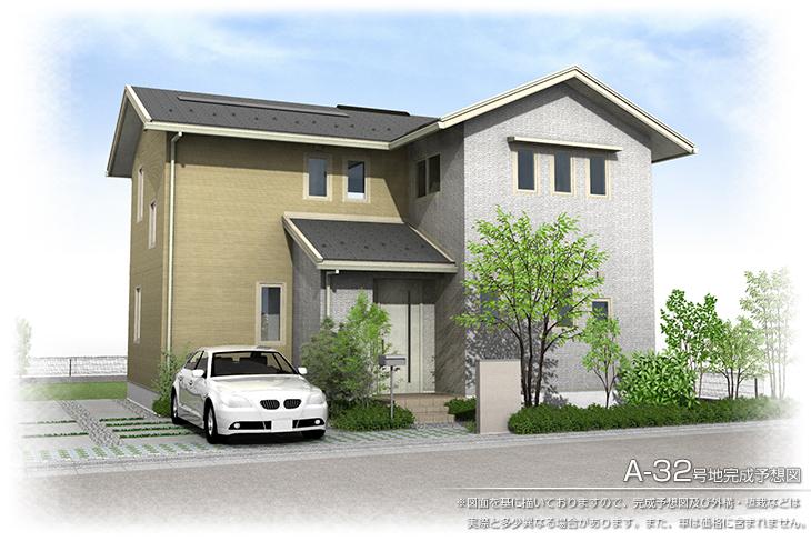 Rendering (appearance).  [A-32 No. land] [No. 32 locations Rendering] ※ So we have drawn on the basis of the drawings, Rendering and the outer structure ・ Planting, such as might actually differ slightly from. Also, The car is not included in the price. 