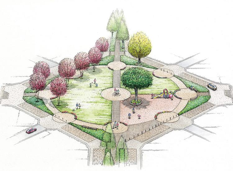 Cityscape Rendering. East and west of the Town ・ At the intersection of the lush environment axis through the north-south, Place the base to become park of community. Nine of Shoen in Moriya, which is to represent the star "Kuyo crest" design of arranging the nine circles motif ((provisional) west central park expected Illustration)