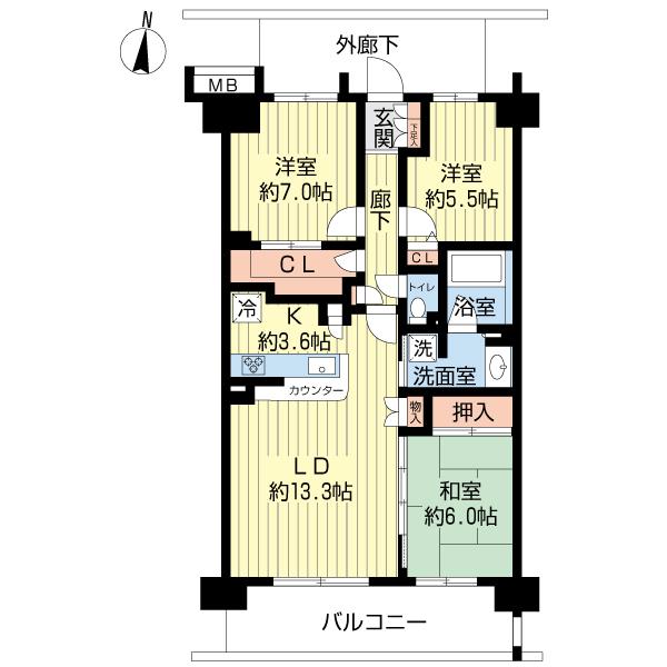Floor plan. 3LDK, Price 21 million yen, Occupied area 79.22 sq m , Balcony area 13.6 sq m